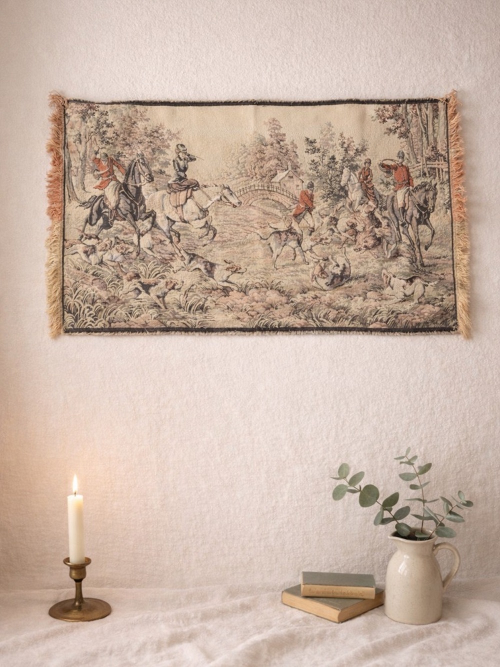 Vintage European Hunting Scene Tapestry Wall Hanging | Aubusson Style